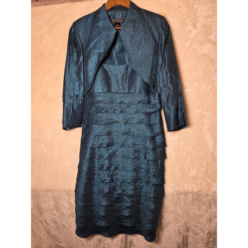 Jessica‎ Howard Womens 8P Teal Blue Metallic Tiered Dress and Bolero Jacket Set